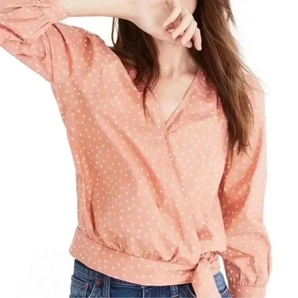 Madewell Wrap Top Women’s Pink Star Scatter Puff Sleeve V Neck Cropped Size XXS